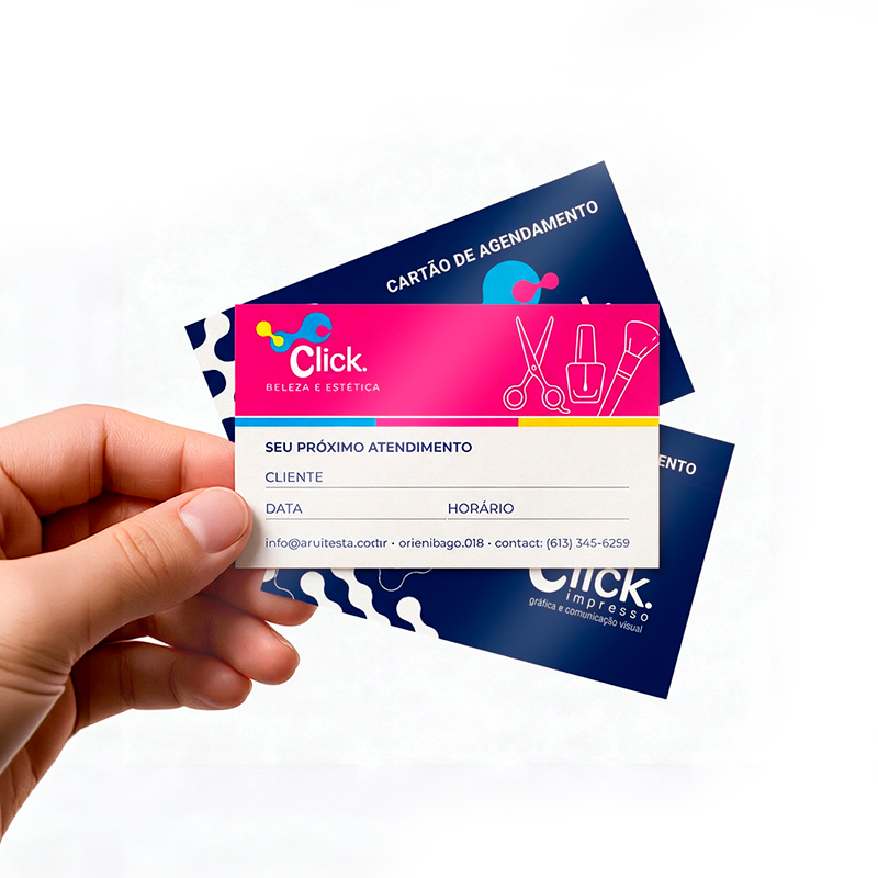 Cartão agendamento 9x5cm, impressão frente e verso, corte reto